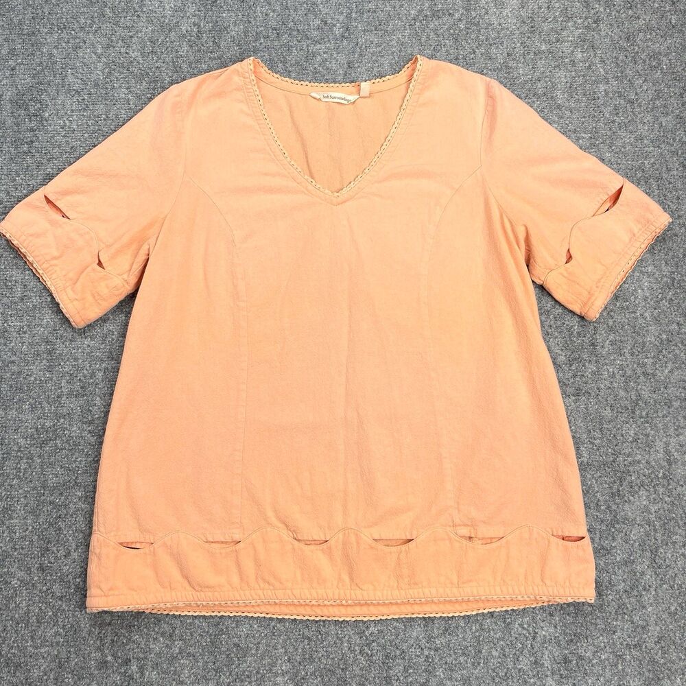 Soft Surroundings Top Womens Size Medium Orange Cotton V Neck Scalloped Detail